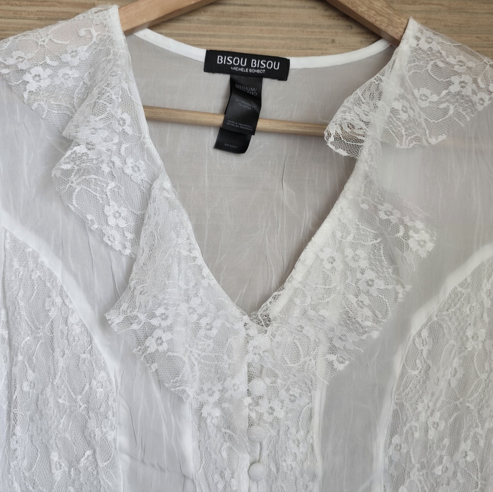 Fairy White Sheer Lace Top M Festival Coquette Whimsical Boho - Picture 2 of 7